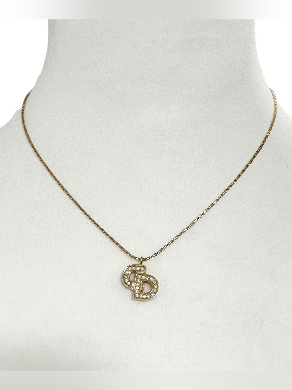 Christian Dior Gold & Crystal “CD” Initials Engraved Vintage Necklace